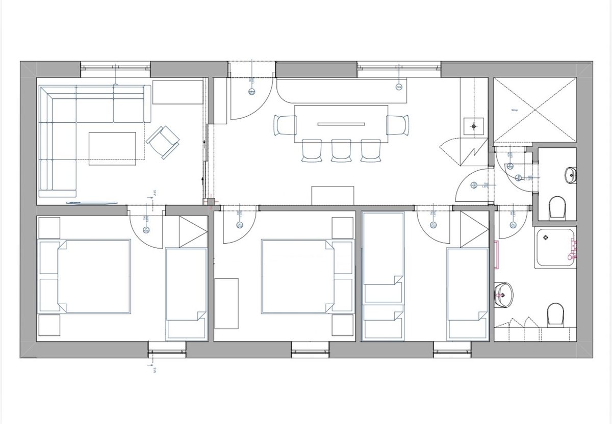 Grundriss des Apartments U Krčků — Kapazität 8+2 Personen, 4 Schlafzimmer, 2 Bäder